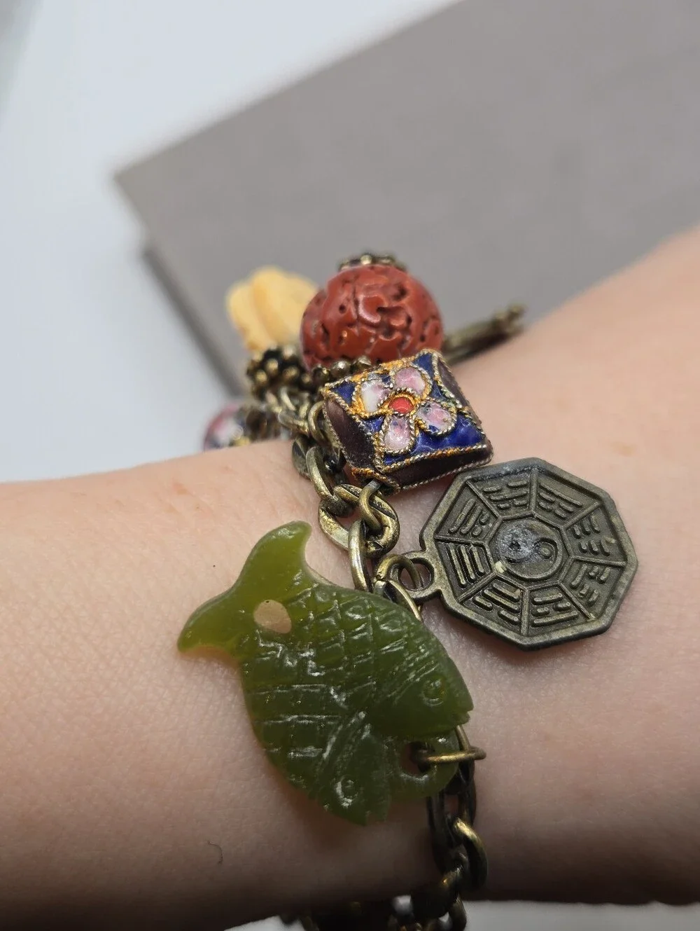 Vintage Green Brown Fairy Chinese charm bracelet 8" Chinoiserie Fish Cloisonne - Picture 8 of 10